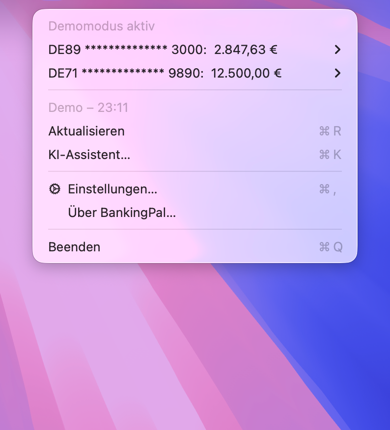 BankingPal Menubar-Ansicht