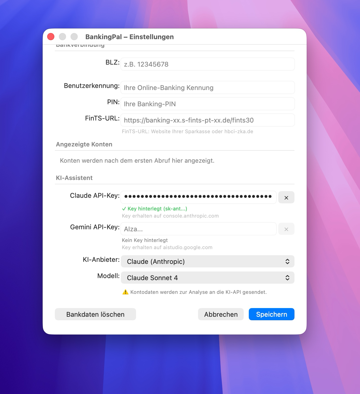 BankingPal Einstellungen